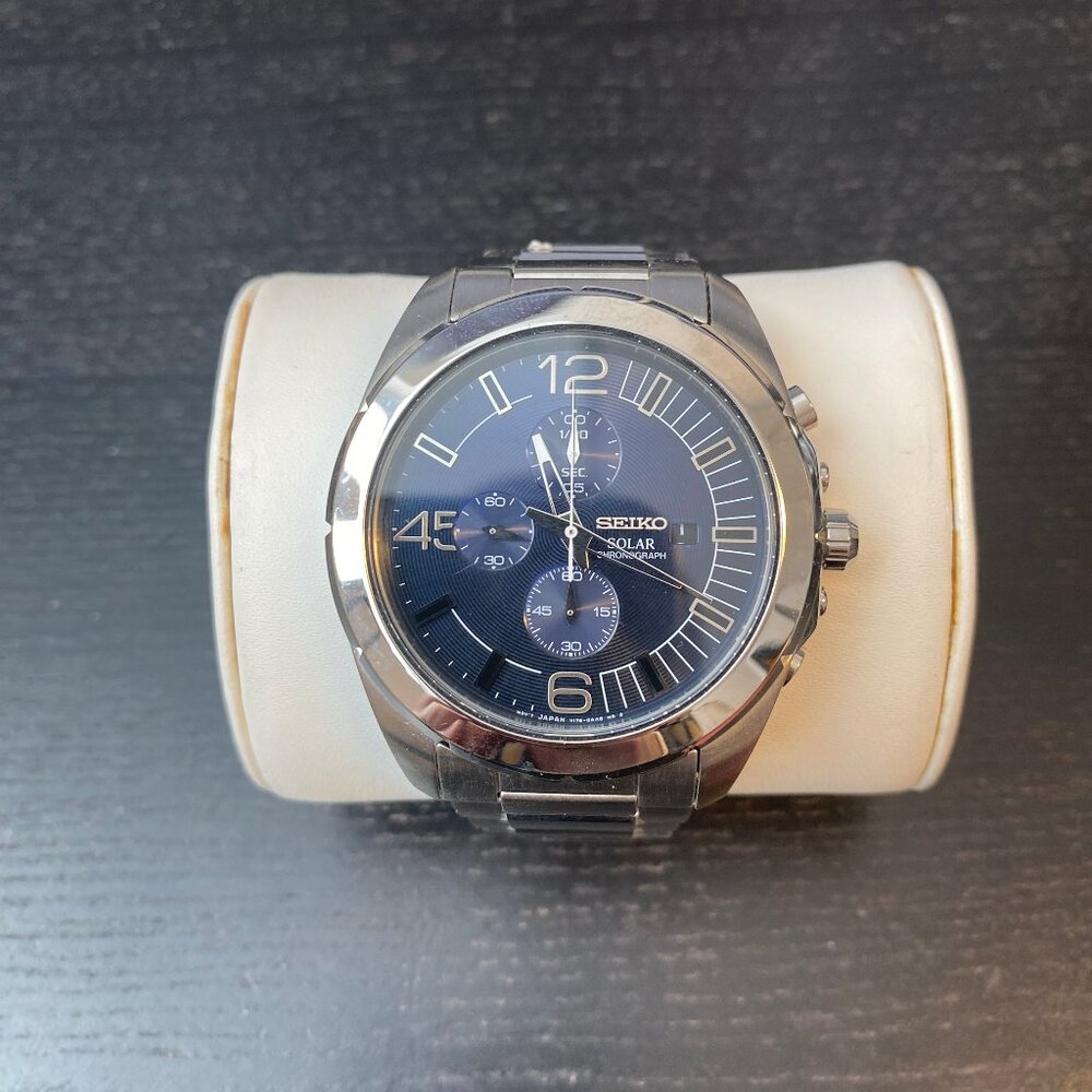 Seiko Men's Solar Blue Dial Stainless Steel Chronograph Watch